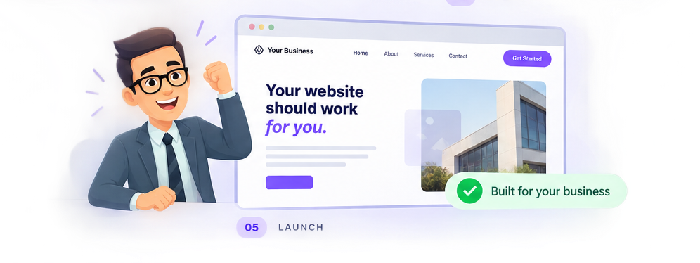The business owner happily looks at the finished website.